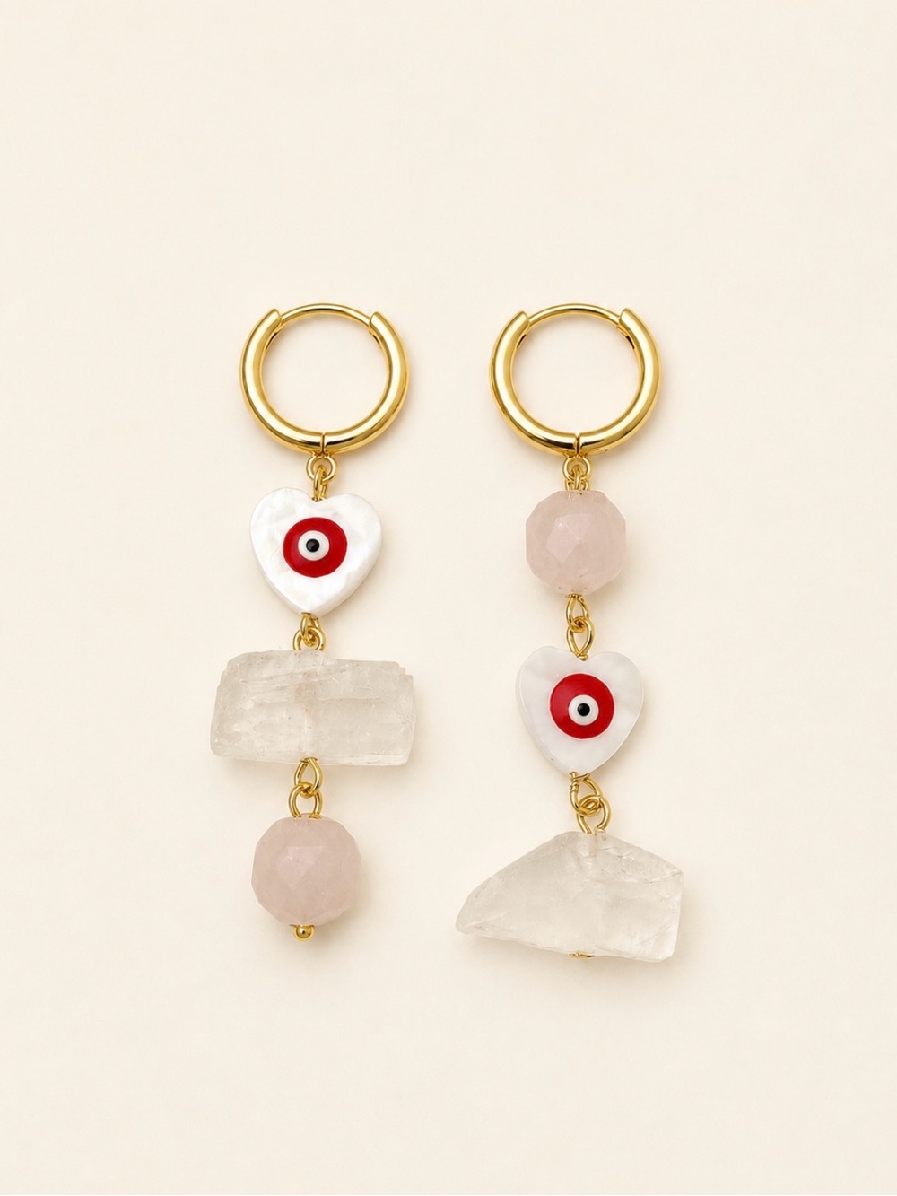 HandmadeGold Hoop Dangle Earrings with White Heart Evil Eye and Pink Rose Quartz